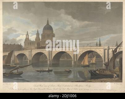 Südwestansicht der St. Paul's Cathedral und Blackfriars Bridge, William James Bennett, 1787–1844, britisch, nach George Fennell Robson, 1788–1833, britisch, 1810, Aquatint, handfarbig Stockfoto