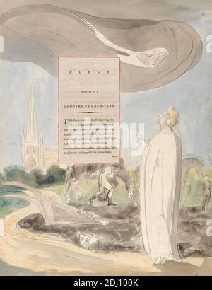 The Poems of Thomas Gray, Design 107, 'Elegy Written in a Country Church-Yard.', William Blake, 1757–1827, britisch, zwischen 1797 und 1798, Aquarell mit Stift und schwarzer Tinte und Graphit auf mäßig dickem, leicht strukturiertem, cremefarbenen Papier mit eingelegter Buchdruckseite, Blatt: 16 1/2 x 12 3/4 Zoll (41.9 x 32.4 cm), Engel, Buch, Kinder, Kirche, Schmutz, Grab, Pferd (Tier), Fass, literarisches Thema, Männer, Trauer, Pflug (landwirtschaftliche Geräte), Lesen, religiöse und mythologische Thema, Straße, Schal, Schals, Schaufel, Grabtuch, Türme, Stein, Text, Bäume, Frauen Stockfoto