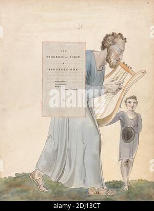The Poems of Thomas Gray, Design 41, 'The Progress of Poesy.', William Blake, 1757–1827, britisch, zwischen 1797 und 1798, Aquarell mit Stift und schwarzer Tinte und Graphit auf mäßig dickem, leicht strukturiertem, cremefarbenen Papier mit eingelegter Buchdruckseite, Blatt: 16 1/2 x 12 3/4 Zoll (41.9 x 32.4 cm), Engel, Baby, Bart, Junge, Jungen, Stuhl, Kinder, Gras, Harfe, Hut, Säugling, Licht, literarisches Thema, Leier, Mann, Männer, Mutter, Lesen, religiöse und mythologische Thema, Glasmalerei, Text, Fenster, Frauen Stockfoto