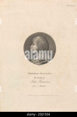 Thomas Hayley (1780-1800), Druck gemacht von William Blake, 1757–1827, britisch, Published by Cadell & Davis, Strand, 1773–1836, britisch, 1800, Stichelstich und Linienstich auf mäßig dickem, glattem, cremefarbenem Papier, Blatt: 8 3/4 x 6 1/8 Zoll (22.3 x 15.6 cm) und Bild: 2 9/16 x 2 9/16 Zoll (6.5 x 6.5 cm), Künstler, Buch, Junge, kreisförmig, Cravat, Schüler, Figurenstudie, Haare, Medaillon, Porträt, Profil, Bildhauer Stockfoto