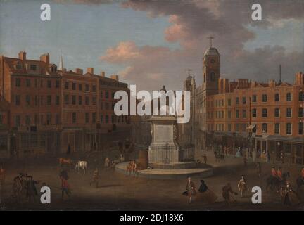 Charing Cross, mit der Statue von König Karl I. und Northumberland House, Joseph Nickolls, aktiv 1713–ca. 1755, britisch, ca. 1750, Öl auf Leinwand, Stütze (PTG): 35 x 50 1/4 Zoll (88.9 x 127.6 cm), Architekturmotiv, Bettler, Gebäude, Kutschen, Karren, Kinder, Stadtbild, Kostüm, Reiterstatue, Zaun, Genremotiv, Pferde (Tiere), Häuser, König (Person), Männer, Geschäfte, Platz, Statue, Straße, Wandern, Frauen, Charing Cross, England, Greater London, London, Northumberland House, Vereinigtes Königreich Stockfoto