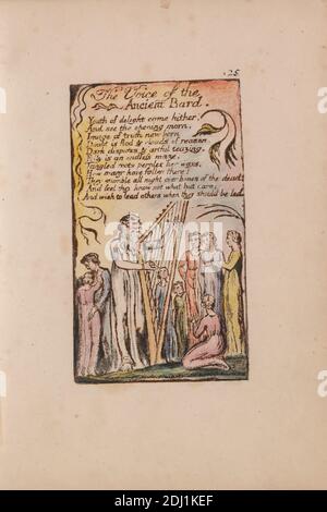 Songs of Innocence and of Experience, Platte 25, 'The Voice of the Ancient Bard' (Bentley 54), Druck von William Blake, 1757–1827, britisch, 1789 bis 1794, Relief-Radierung in dunkelbraun mit Feder und schwarzer Tinte und Aquarell auf mäßig dickem, leicht strukturiertem, cremefarbenen Papier, Blatt: 7 1/8 x 5 Zoll (18.1 x 12.7 cm), Platte: 4 1/4 x 2 1/2 Zoll (10.8 x 6.4 cm), und Wirbelsäule: 7 3/8 Zoll (18.7 cm), Bart, Zweige, Kinder, Harfe, Knien, Blatt, literarisches Thema, Mann, stehend, Text, Reben, Frauen Stockfoto