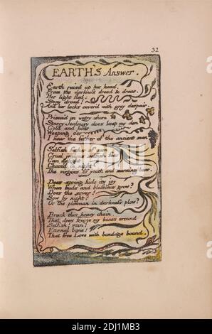 Songs of Innocence and of Experience, Platte 32, 'Earth's Answer' (Bentley 31), Druck von William Blake, 1757–1827, britisch, 1789 bis 1794, Relief-Radierung in Dunkelbraun mit Feder und schwarzer Tinte und Aquarell auf mäßig dickem, leicht strukturiertem, cremefarbenen Wove-Papier, Blatt: 7 1/8 x 5 Zoll (18.1 x 12.7 cm), Platte: 4 5/8 x 2 7/8 Zoll (11.7 x 7.3 cm), und Wirbelsäule: 7 3/8 Zoll (18.7 cm), Zweige, Obst, Blatt, literarisches Thema, Schlange, Schlange, Text, Vegetation, Reben Stockfoto