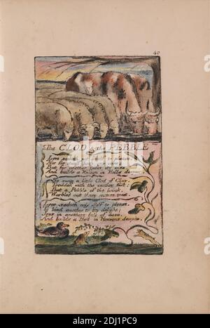 Songs of Innocence and of Experience, Platte 40, 'The Clod & The Pebble' (Bentley 32), Druck von William Blake, 1757–1827, British, 1789 bis 1794, Relief-Radierung in dunkelbraun mit Feder und schwarzer Tinte und Aquarell auf mäßig dickem, leicht strukturiertem, cremefarbenen Papier, Blatt: 7 1/8 x 5 Zoll (18.1 x 12.7 cm), Teller: 4 1/2 x 2 7/8 Zoll (11.4 x 7.3 cm), und Wirbelsäule: 7 3/8 Zoll (18.7 cm), Zweige, Rinder, Ente, Blatt, literarisches Thema, Schafe, Text, Bäume, Reben, Wasser Stockfoto