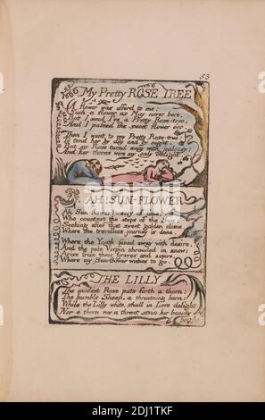 Songs of Innocence and of Experience, Platte 53, 'My Pretty Rose Tree', 'Ah! Sun-Flower', 'The Lilly' (Bentley 43), Druck von William Blake, 1757–1827, britisch, 1789 bis 1794, Relief-Radierung in Dunkelbraun mit Feder und schwarzer Tinte und Aquarell auf mitteldickem, leicht strukturiertem, cremefarbenem Papier, Blatt: 1/8 x 18.1 cm (7 12.7 x 5 Zoll), Platte: 4 3/8 x 2 3/4 Zoll (11.1 x 7 cm), und Wirbelsäule: 7 3/8 Zoll (18.7 cm), Vögel, Äste, kniend, Blatt, literarisches Thema, Text, Bäume, Vegetation, Reben, Frauen Stockfoto