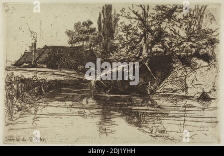 The Moat House, Francis Seymour Haden, 1818–1910, British, 1865, Ätzung und Trockenpunkt, mit Tellenton auf Medium, leicht strukturiert, hellblaues antik gemachtes Papier, Blatt: 7 3/8 x 11 5/16 Zoll (18.7 x 28.8 cm), Platte: 5 3/8 x 8 7/16 Zoll (13.7 x 21.4 cm), und Bild: 5 3/8 x 8 7/16 Zoll (13.7 x 21.4 cm), architektonisches Motiv, Banken, Rinder, Schornstein, Hütte, Kühe, Laub, Haus, Landschaft, Graben, Ochsen, Teich, Pool, Fluss, Felsen (Landformen), Dach, Rauch, Bach, Bäume, Wasser, Berkshire, Cranbrook, England, Europa, Kent, Vereinigtes Königreich Stockfoto