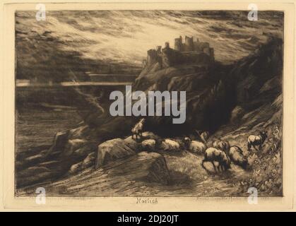 Harlech, nein 2, Francis Seymour Haden, 1818–1910, British, 1880, Ätzung, Trockenpunkt und Mezzotinta auf dickem, leicht strukturiertem, cremefarbenem Papier, Blatt: 10 13/16 x 14 7/8 cm (37.8 x 27.5 Zoll), Platte: 11/16 x 12 5/16 cm (8 22.1 x 31.2 Zoll) und Bild: 7 7/8 x 11 3/8 Zoll (20 x 28.9 cm), Tierkunst, Architekturmotiv, Burg, Klippen, Wolken, dunkel, Ziegen, Weiden, Hügel, Landschaft, Licht, Meteorologie, Fluss, Felsen (Landformen), Wissenschaft, Schafe, Rauch, Dampf, Türme, Wetter, Cymru, Europa, Gwynedd, Harlech, Vereinigtes Königreich, Wales Stockfoto