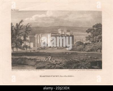 Hampton Court, Herefordshire, Druck von James Walker, 1748–1808, britisch, nach Joseph Mallord William Turner, 1775–1851, britisch, 1797, Radierung mit Strichgravur auf mittlerem, leicht strukturiertem, cremefarbenem Wove-Papier, Blatt: 8 1/2 × 10 1/2 Zoll (21.6 × 26.7 cm), Platte: 6 × 7 7/8 Zoll (15.2 × 20 cm), und Bild: 4 1/4 × 6 5/8 Zoll (10.8 × 16.8 cm), Zinnen, Burg, Wolken, Kuh, Angeln, Angelrute, Herde, Hügel, Landschaft, Mann, Fluss, Flussufer, Schafe, Baum, Wasser, England, Hampton Court, Hereford und Worcester, Herefordshire, Leominster, Lugg, Vereinigtes Königreich Stockfoto