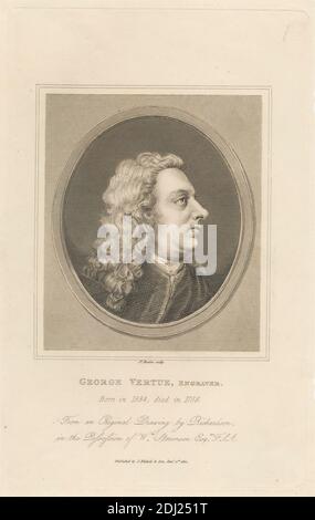 George Vertue, Kupferstecher, Druck von James Basire, 1769–1822, britisch, nach Jonathan Richardson the Elder, 1667–1745, britisch, Publiziert von Nichols & Son (1812), 1745–1826, britisch, 1812, Radierung und Strichgravur auf mittlerem, leicht strukturiertem, cremefarbenem Wove-Papier, Blatt: 11 1/16 x 7 11/16 Zoll (28.1 x 19.5 cm), Platte: 9 1/2 x 5 15/16 Zoll (24.2 x 15.1 cm), und Bild: 5 7/16 x 4 11/16 Zoll (13.8 x 11.9 cm), Locken, Graveur (Grafiker), Mann, oval, Porträt, Profil (Figur), Society of Antiquaries of London Stockfoto