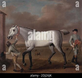 The Duke of Hamilton's Grey Racehorse 'Victorious' at Newmarket, John Wootton, 1682–1764, British, ca. 1725, Öl auf Leinwand, Support (PTG): 113 1/4 x 127 1/8 Zoll (287.7 x 322.9 cm), Kostüm, Herzog, Reiter, Genre Thema, Pferde (Tiere), Jockeys, Landschaft, Rennen, Rennen, Zuschauer, Sportkunst, England, Newmarket, Suffolk, Vereinigtes Königreich Stockfoto