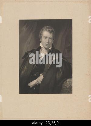 Sir David Wilkie, Druck von James Charles Armytage, 1802–1897, britisch, nach Thomas Phillips, 1770–1845, britisch, nach 1829, Strichgravur, Stippstich und Radierung auf dickem, leicht strukturiertem beigefarbenem Papier, Blatt: 17 1/16 x 11 3/4 cm (29.8 x 43.4 Zoll), Platte: 14 3/8 x 10 15/16 Zoll (36.5 x 27.8 cm), und Bild: 9 3/16 x 6 5/8 Zoll (23.4 x 16.8 cm), Künstler, Mantel, Kragen, Kostüm, Cravat, Vorhang, Draperie, Stickerei, Mann, Malerei (visuelle Arbeit), Stift, Porträt, Schriftrolle (Informationsartefakt Stockfoto