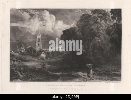 Stoke by Neyland, Suffolk, Druck von David Lucas, 1802–1881, britisch, nach John Constable, 1776–1837, britisch, 1830, Mezzotint auf Medium, leicht strukturiert, cremefarbenes Papier, Blatt: 11 5/8 x 17 1/2 cm (44.5 x 29.5 Zoll), Platte: 10 x 17.8 cm (7 x 25.4 Zoll) und Bild: 5 3/4 x 8 5/8 Zoll (14.6 x 21.9 cm), England, Europa, Nayland, Suffolk, Großbritannien Stockfoto