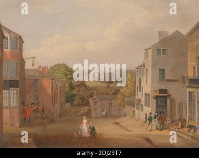 Straßenszene in Chorley, Lancashire, mit Blick auf Chorley Hall, John Bird of Liverpool, 1768–1829, britisch, ca. 1795, Öl auf Leinwand, Unterstützung (PTG): 11 1/2 x 15 1/2 Zoll (29.2 x 39.4 cm), Architektur, Kind, außen, Landschaft, Licht, Mutter, Straße, Fenster, Frau, Chorley, England, Europa, Lancashire, Vereinigtes Königreich Stockfoto