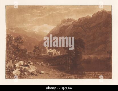 Bonneville, Savoy, geätzt von Joseph Mallord William Turner, 1775–1851, britisch, gestochen von Henry Dawe, 1790–1848, britisch, nach Joseph Mallord William Turner, 1775–1851, britisch, 1816, Radierung und Mezzotint, gedruckt in brauner Tinte auf Medium, leicht strukturiert, cremefarbenes Papier, Blatt: 7 1/2 × 10 7/8 Zoll (19.1 × 27.6 cm) und Halterung: 10 5/8 × 15 1/4 cm (× 27 38.7 Zoll) Stockfoto