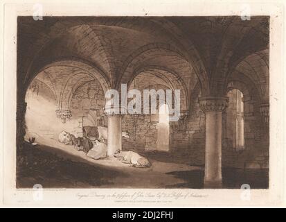 The Crypt of Kirkstall Abbey, geätzt und graviert von Joseph Mallord William Turner, 1775–1851, britisch, nach Joseph Mallord William Turner, 1775–1851, britisch, 1812, Ätzung und Mezzotinta, gedruckt in brauner Tinte auf mittlerem, leicht strukturiertem, cremefarbenen Wove-Papier, Blatt: 10 5/8 × 16 1/4 cm (27 × 41.3 Zoll), Platte: 8 1/4 × 11 1/2 Zoll (21 × 29.2 cm) und Bild: 7 1/8 × 10 3/8 Zoll (18.1 × 26.4 cm Stockfoto