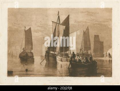 Ruhig, geätzt und graviert von Joseph Mallord William Turner, 1775–1851, britisch, nach Joseph Mallord William Turner, 1775–1851, britisch, 1812, Radierung und Mezzotint, gedruckt in brauner Tinte auf Medium, leicht strukturiert, cremefarbenes Papier, Blatt: 10 1/2 × 38.7 cm (26.7 × 15 1/4 Zoll), Platte: 8 1/2 × 12 Zoll (21.6 × 30.5 cm) und Bild: 7 × 10 5/8 Zoll (17.8 × 27 cm Stockfoto