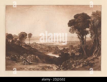 Kreuzung von Severn und Wye, geätzt und graviert von Joseph Mallord William Turner, 1775–1851, britisch, nach Joseph Mallord William Turner, 1775–1851, britisch, 1811, Radierung, Aquatinta und Mezzotinta, gedruckt in brauner Tinte auf Medium, leicht strukturiert, cremefarbenes Papier, Blatt: 7 1/4 × 10 1/2 Zoll (18.4 × 26.7 cm) und Halterung: 10 3/4 × 16 1/4 cm (× 27.3 41.3 Zoll) Stockfoto