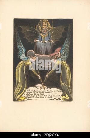 Europa. Eine Prophezeiung, Tafel 12, 'Albions Engel stieg . . . . (Bentley 14), Druck von William Blake, 1757–1827, British, 1794, farblich bedruckte Reliefgradierung in dunkelbraun mit Feder und schwarzer Tinte, Öl und Aquarell auf mitteldickem, leicht strukturiertem, cremefarbenem Papier, Blatt: 14 3/4 x 10 1/2 cm (26.7 x 37.5 Zoll), Platte: 9 1/4 x 6 5/8 Zoll (23.5 x 16.8 cm), und Wirbelsäule: 15 3/8 Zoll (39.1 cm), Engel, Buch, Wolken, Männer, religiöse und mythologische Thema, Zepter, Text, Thron, Flügel, Frauen Stockfoto