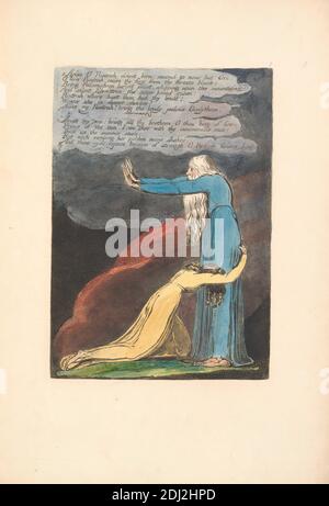 Europa. Eine Prophezeiung, Platte 9, 'Arise O Rintra. . . .“ (Bentley 11), Druck von William Blake, 1757–1827, British, 1794, farblich bedruckte Reliefradierung in dunkelbraun mit Feder und schwarzer Tinte, Öl und Aquarell auf mitteldickem, leicht strukturiertem, cremefarbenem Papier, Blatt: 14 3/4 x 10 1/2 cm (26.7 x 37.5 Zoll), Platte: 9 1/4 x 6 1/2 Zoll (23.5 x 16.5 cm), und Wirbelsäule: 15 3/8 Zoll (39.1 cm), Bart, Wolken, kniend, religiöses und mythologisches Thema, Text, Frauen Stockfoto