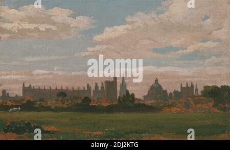 A View of Oxford, William Turner of Oxford, 1789–1862, britisch, Mitte des 19. Jahrhunderts, Öl auf Mühlbrett, Stützelement (PTG): 5 1/2 x 9 1/8 Zoll (14 x 23.2 cm), Architekturmotiv, Gebäude, Stadt, Stadtbild, Hochschule, Feld, Bibliothek, Christ Church College, England, Europa, Merton College, Oxford, Oxfordshire, Radcliffe Camera, Tom Tower, Großbritannien, University Church of St Mary the Virgin, University of Oxford Stockfoto