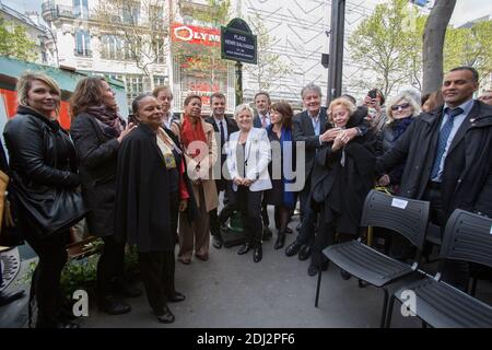 DELPHINE BURKLI - CHRISTIANE TAUBIRA, GEORGE PAU-LANGEVIN, CATHERINE SALVADOR, ISABELLE AUBRET, ALAIN DELON - Inauguration de la Place Henri Salvado Face à l'Olympia. Foto von Nasser Berzane/ABACAPRESS.COM Stockfoto