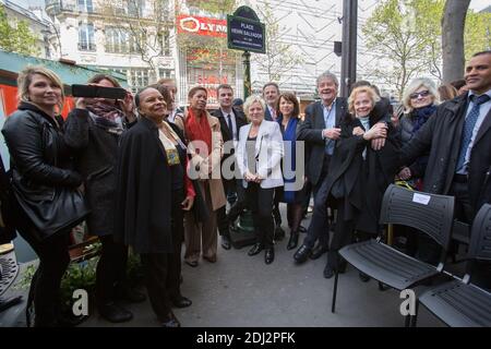 DELPHINE BURKLI - CHRISTIANE TAUBIRA, GEORGE PAU-LANGEVIN, CATHERINE SALVADOR, ISABELLE AUBRET, ALAIN DELON - Inauguration de la Place Henri Salvado Face à l'Olympia. Foto von Nasser Berzane/ABACAPRESS.COM Stockfoto