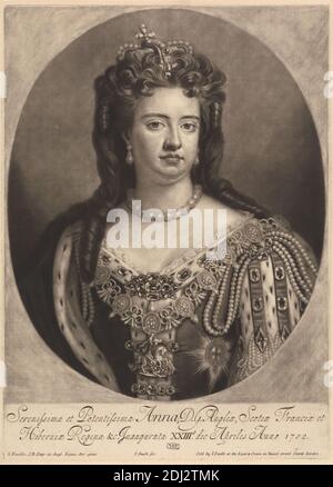 Anna (Queen Anne), John Smith, 1652–1743, britisch, nach Sir Godfrey Kneller, 1646–1723, deutsch, in Großbritannien tätig (ab 1676), 1702, Mezzotint, Blatt: 1 Zoll (2,5 cm Stockfoto