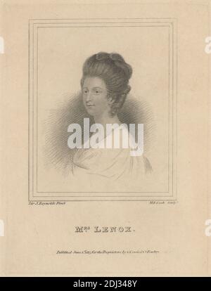 Mrs. Lenox, Druck gemacht von Henry R. Cook, aktiv 1802–1849, Britisch, aktiv in Großbritannien und Frankreich, nach Sir Joshua Reynolds RA, 1723–1792, Britisch, Published by G. Cowie & Co., aktiv 1830er, Britisch, 1813, Stichelstich und Linienstich auf mittlerem, leicht strukturiertem, cremefarbenen Wove-Papier, in Halterung gelegt, Blatt: 7 11/16 x 5 9/16 Zoll (19.5 x 14.2 cm), Platte: 5 7/8 x 4 5/16 Zoll (14.9 x 11 cm), und Bild: 3 15/16 x 3 3/16 Zoll (10 x 8.1 cm), Büste, Locken, Kleid, Porträt, Frau, Schriftsteller Stockfoto