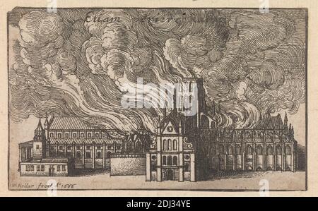 Burning of old St. Paul's Cathedral in the Fire of London, Wenceslaus Hollar, 1607–1677, Bohemian, after Wenceslaus Hollar, 1607–1677, Bohemian, 1666, Gravur, Image: 2 3/8 x 3 15/16in. (6 x 10 cm Stockfoto