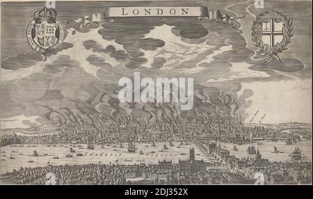 Allgemeine Ansicht von London während des großen Feuers von 1666, Druck gemacht von unbekanntem Künstler, siebzehnten Jahrhundert, nach unbekanntem Künstler, undated, Gravur, großes Feuer von London, 1666 Stockfoto