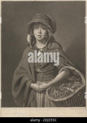 The Water Cress Girl, Print Made by John Young, 1755–1825, British, after Johan Joseph Zoffany RA, 1733–1810, German, Active in Britain (ab 1760), Published by John Young, 1755–1825, British, 1785, Mezzotint on mäßig dick, leicht strukturiert, creme laid paper, Sheet: 16 1/8 x 13 1/4 Zoll (41 x 33.7 cm), Teller: 15 x 11 Zoll (38.1 x 27.9 cm) und Bild: 13 3/4 x 11 Zoll (34.9 x 27.9 cm), Korb, Haube, Umhang, Kleid, Genre-Thema, Mädchen, Kapuze, Straßenverkäufer, Gemüse Stockfoto