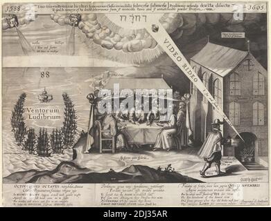 The Double Deliverance, 1588–1605, Druck eines unbekannten Künstlers, siebzehnten Jahrhundert, nach Samuel ward, 1577–1640, Britisch, 1621, Radierung und Strichgravur auf mittlerem, leicht strukturiertem, cremefarbenem Papier, Blatt: 15 5/8 × 20 1/2 cm (52.1 × 39.7 Zoll) und Bild: 13 1/8 × 20 1/4 Zoll (33.3 × 51.4 cm), Bier, Gebäude, Karikatur, Stuhl, Dämon, Teufel, Auge, fuerzas armadas, Mann, militärische Kunst, Papst, religiöse und mythologische Thema, Schiff, sitzen, Schädel, stein, Tisch, Wandern, Wasser, Fenster Stockfoto