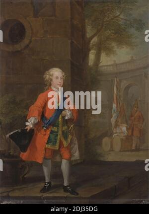 William Augustus, Duke of Cumberland, William Hogarth, 1697–1764, British, 1732, Öl auf Leinwand, Stütze (PTG): 18 7/8 x 13 7/8 Zoll (47.9 x 35.2 cm), Bögen, Junge, Kostüm, Herzog, Fahnen, Fahnen, Porträt, Prinz, Soldat Stockfoto