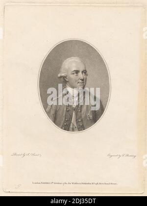 Sir Henry Clinton, Print made by Francesco Bartolozzi RA, 1728–1815, Italian, Active in Britain (1764–99), after John Smart, 1741–1811, British, Published by Thomas Watson, 1743–1781, British, Published by William Dickinson, 1746–1823, British, 1780, Stipple Engraving on moderat Thick, moderat textured, Cream laid paper, Sheet: 10 3/16 x 7 1/2 Zoll (25.9 x 19 cm), Platte: 6 3/4 x 5 1/8 Zoll (17.1 x 13 cm), und Bild: 3 3/8 x 2 5/8 Zoll (8.6 x 6.7 cm), Armee, Kostüm, Locken, General, Mann, Offizier (Offizier), oval, Politiker, Porträt Stockfoto