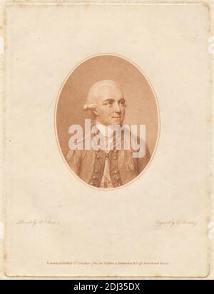 Sir Henry Clinton, Print made by Francesco Bartolozzi RA, 1728–1815, Italian, Active in Britain (1764–99), after John Smart, 1741–1811, British, Published by Thomas Watson, 1743–1781, British, Published by William Dickinson, 1746–1823, British, 1780, Stipple Engraving on moderat Thick, moderat textured, Cream laid paper, Sheet: 10 7/8 x 7 15/16 Zoll (27.6 x 20.1 cm), Platte: 6 3/4 x 5 1/8 Zoll (17.1 x 13 cm), und Bild: 3 3/8 x 2 5/8 Zoll (8.6 x 6.7 cm), Armee, Kostüm, Locken, General, Mann, Offizier (Offizier), oval, Politiker, Porträt Stockfoto