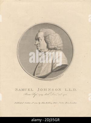 Samuel Johnson, Druck gemacht von Francesco Bartolozzi RA, 1728–1815, italienisch, aktiv in Großbritannien (1764–99), nach Sir Joshua Reynolds RA, 1723–1792, britisch, Publiziert von John Fielding, acitve 1779–1809, britisch, 1785, Radierung auf mäßig dickem, mäßig strukturiertem, cremefarbenen Papier, Blatt: 10 1/4 x 7 7/8 Zoll (26 x 20 cm), Platte: 9 15/16 x 7 11/16 Zoll (25.3 x 19.5 cm), und Bild: 4 15/16 x 4 15/16 Zoll (12.6 x 12.5 cm), Autor, Büste, Kreis (Flugzeug Figur), Kostüm, Essayist, Lexikograph, Mann, Medaillon (Medaille), Dichter, Porträt, Tundo Stockfoto