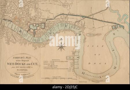 Fairburn's Plan of the proposed Wet-Docks and Cut, from New Gravel Lane to Blackwall, Print Made by John Fairburn, Active 19th Century, British, Published by John Fairburn, Active 19th Century, British, 1796, Radierung und Liniengravur, handgefärbt auf mäßig dickem, leicht strukturiertem, braunem Wove-Papier, Blatt: 10 3/8 x 16 Zoll (26.3 x 40.6 cm), architektonisches Motiv, Kanäle, Stadt, Stadtbild, Anlegeplan, Docks, Karte, Pläne, Fluss, Maßstab, Schiffe, England, Europa, Groß-London, London, Themse, Vereinigtes Königreich Stockfoto