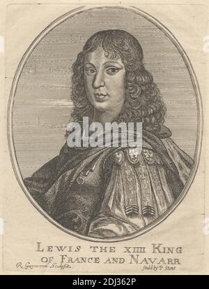 Portrait of Louis XIV, King of France and Navarre, Richard Gaywood, Active 1650–1680, Published by Peter Stent, Active 1642–1665, British, undated, Radierung und Stipple Engravierung auf mäßig dickem, leicht strukturiertem, cremefarbenen Papier, Blatt: 10 15/16 x 6 7/8 Zoll (27.8 x 17.4 cm), Platte: 6 x 4 1/2 Zoll (15.2 x 11.4 cm), und Bild: 5 1/4 x 4 5/16 Zoll (13.3 x 11 cm), Rüstung, Locken, halblange Figuren, König (Person), Lackkragen, Mantel, Medaillons, Edelmann, oval, Porträt, Posen, Regal Stockfoto