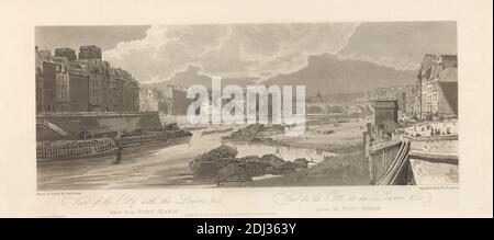 Blick auf die Stadt mit dem Louvre aus Pont Marie, Thomas Girtin, 1775–1802, britisch, Frederick Christian Lewis der Ältere, 1779–1856, britisch, nach Thomas Girtin, 1775–1802, britisch, 1802, Aquatint, Cathédrale Notre-Dame de Paris, Europa, Frankreich, Musée du Louvre, Paris, Pont Marie, seine, Ville de Paris, Départment de, Île-de-France Stockfoto