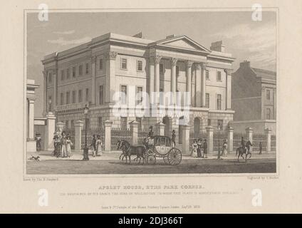 Apsley House, Hyde Park Corner: The Residence of His Grace The Duke of Wellington, Druck von Thomas Barber, ca. 1768–1843, British, after Thomas Hosmer Shepherd, 1792–1864, British, Published by Jones & Co., Active 1822–1850, British, 1829, Radierung auf mäßig dickem, leicht strukturiertem, cremefarbenem Papier mit beigem Chine-Collé, Blatt: 5 11/16 x 8 7/8 Zoll (14.5 x 22.5 cm), Blatt: 5 1/4 x 7 1/2 Zoll (13.3 x 19 cm), und Bild: 3 7/8 x 5 7/8 Zoll (9.9 x 14.9 cm), Bögen, architektonisches Thema, Hauben, Gebäude, Rohr, Kapitelle, Wagen, Kamine, Kutscher, Mäntel, Säulen, Hunde ( Stockfoto