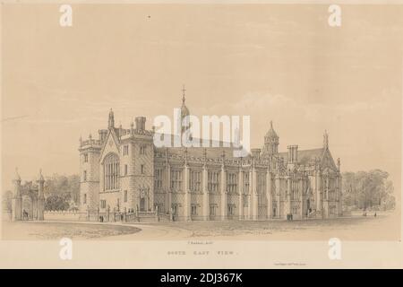 South East View, Lincoln's Inn, Print Made by Day & Haghe, 1824–1913, British, after Philip Hardwick, 1792–1870, British, between 1845 and 1850, Lithograph on Thick, slightly textured, beige wove paper, Sheet: 11 1/4 x 15 3/4 inches (28.5 x 40 cm) and Image: 6 15/16 x 11 11/16 Zoll (17.6 x 29.7 cm), Bogen, architektonisches Thema, Architektur, Kutsche, Mäntel, Kostüm, Kreuze (Objekte), Figuren, Tor, Halle, Recht (Disziplin), Anwälte, Bibliothek (Gebäude), Männer, Pfad, Straße, Platz, Bäume, Türme (Türme), Wandern, England, Groß-London, Holborn, London, die ehrenvolle Gesellschaft von Lincoln's Inn Stockfoto