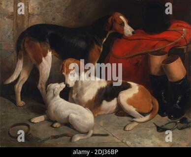 Ein paar Foxhounds mit einem Terrier, im Besitz von Lord Henry Bentinck, William Barraud, 1810–1850, britisch, ca. 1845, Öl auf Leinwand, Stütze (PTG): 44 x 56 Zoll (111.8 x 142.2 cm), Tiere, Decke, Stiefel, Kostüm, Hunde (Tiere), Jagd, Sportkunst, Steigbügel, Falle, Peitsche Stockfoto