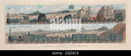 Reisen mit der Liverpool & Manchester Railway: Ein Zug von Waggons mit Waren und EIN Zug von Waggons mit Rindern, Platte II (einer von einem Paar), S. G. Hughes, aktiv 1832, nach Isaac Shaw, aktiv 1830, 1831, Aquatint, handfarbig, Blatt: 9 x 25 Zoll. (22.9 x 63,5 cm Stockfoto