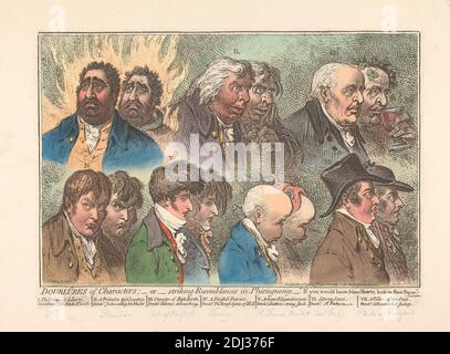 Doublûres of Characters; - or - plaking siblance in Phisiognomy, James Gillray, 1757–1815, British, Published by John Wright, ca. 1745–1820, 1798, Radierung und Stippelgravur, handgefärbt auf mäßig dickem, leicht strukturiertem beigefarbenem Papier, Blatt: 13 9/16 x 18 11/16 cm (47.4 x 34.4 Zoll), Platte: 10 1/4 x 14 3/16 Zoll (26.1 x 36 cm) und Bild: 9 3/8 x 13 7/8 Zoll (23.8 x 35.2 cm), Mützen, Karikatur, Kelch, Kravaten, Gesichter, Feuer, Trauben, Hüte, Humor, Jacken, Jockey, Männer, Minister, Geld, Geldbeutel, Affe (Tier), Parodie, Physiognomie, Politik, Politiker, Porträts Stockfoto