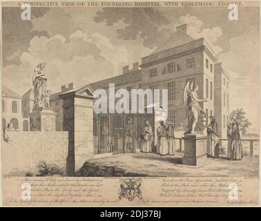 A Perspective View of the Foundling Hospital with emblematic figures, Charles Grignion, 1717–1810, British, Michael 'Angelo' Rooker, 1746–1801, British, after Samuel Wale RA, 1721–1786, British, 1749, Radierung und Strichgravur auf mäßig dickem, mäßig strukturiertem, beigefarbenem Papier, aufgeklebt, Blatt: 13 3/4 x 17 3/8 Zoll (35 x 44.1 cm) und Platte: 11 7/16 x 17 5/16 Zoll (29 x 44 cm), architektonisches Thema, Gebäude, Kinder, Tor, Genre Thema, Göttinnen, Hüte, Kleinkinder, Männer, Mütter, Mythologie, Waisenhaus, Statuen, Tricorne, Wände, Frauen, City of London, England, Findling Stockfoto