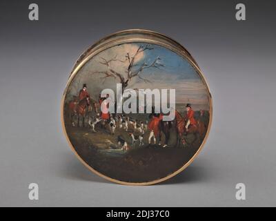 Lord Edward Thynne’s Snuff Box, verziert mit Foxhunting-Szenen von John Ferneley, zugeschrieben John Ferneley, 1782–1860, British, 1832 oder 1833, Öl auf Gold, Blatt: 1 1/2 x 3 3/8 Zoll (3.8 x 8.6 cm), Fuchs (Tier), Pferd (Tier), Jagd, Sportkunst Stockfoto