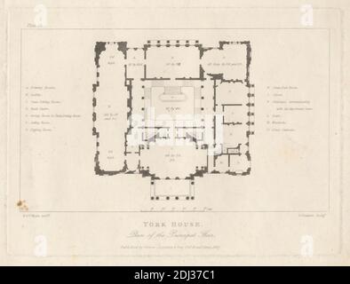 York House: Plan of Principle Floor, George Gladwin, aktiv 1820er–1830er Jahre, nach Benjamin Dean Wyatt, 1775–1850, britisch, nach Philip William Wyatt, 1777–1835, britisch, Published by James Carpenter, Active 1808–1843, britisch, 1827, Radierung auf mäßig dickem, leicht strukturiertem, cremefarbenem Wove-Papier, Blatt: 9 1/16 x 11 5/16 Zoll (23 x 28.8 cm), Platte: 15/16 x 20.3 cm (5 15.1 x 8 Zoll) und Bild: 4 7/16 x 7 7/16 Zoll (11.2 x 18.9 cm), Architekturmotiv, Grundriss, Layout, Herrenhaus, Zimmer, Maßstab (Regel), City of Westminster, England, Greater London, London, Großbritannien, York House Stockfoto