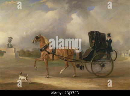 William Massey-Stanley fährt sein Cabriolet im Hyde Park, John Ferneley, 1782–1860, British, 1833, Öl auf Leinwand, Support (PTG): 43 1/2 x 62 1/2 Zoll (110.5 x 158.8 cm), Tierkunst, Tiere, Architektur, Kunst, Zaumzeug, Cabriolet, Kutsche, Stadt, Hund (Tier), Genremotiv, Pferd (Tier), Männer, Denkmal, Skulptur, Statue, Hut, Stadt, Peitsche, City of Westminster, England, Europa, Greater London, Hyde Park, London, Vereinigtes Königreich Stockfoto