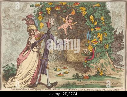 Der Hochgetier-Bower; 'zu dem Hochgetier-Bower führte er ihr Blushing wie der Morn mit dem Bösen, und er piepte an die Charms von Eden.' (Von Milton), James Gillray, 1757–1815, British, 1797, Radierung, handfarbig, Blatt: 9 1/2 x 13 (24.1 x 34,1 cm Stockfoto