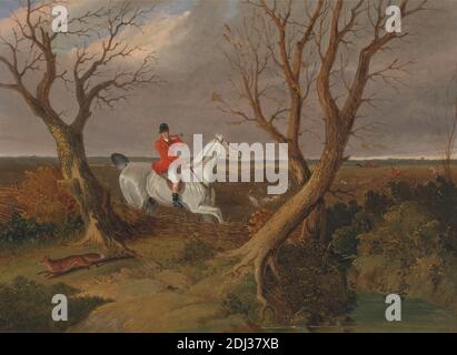 The Suffolk Hunt: Gone Away, John Frederick Herring, 1795–1865, British, 1833, Öl auf Leinwand, Stütze (PTG): 11 x 15 Zoll (27.9 x 38.1 cm), Kostüm, Hunde (Tiere), Pferd (Tier), Jagd, ländliche, Sportkunst, Bäume, England, Europa, Suffolk, Vereinigtes Königreich Stockfoto